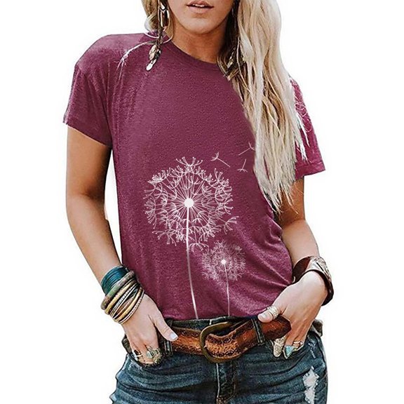 Graphic Tees for Women Floral Print Short Sleeve T Shirt Top for Everyday Casual Wear Women’s Round Neck Tee Purple XL