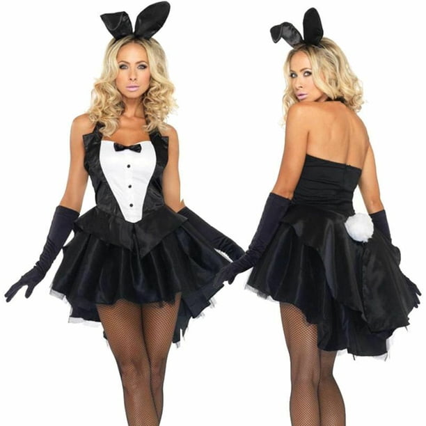 Farfi 3 unids Mujeres Bunny TUXEDO Vestido Guantes Guantes Diadema Halloween Cosplay Costume Set Negro Farfi Atuendo