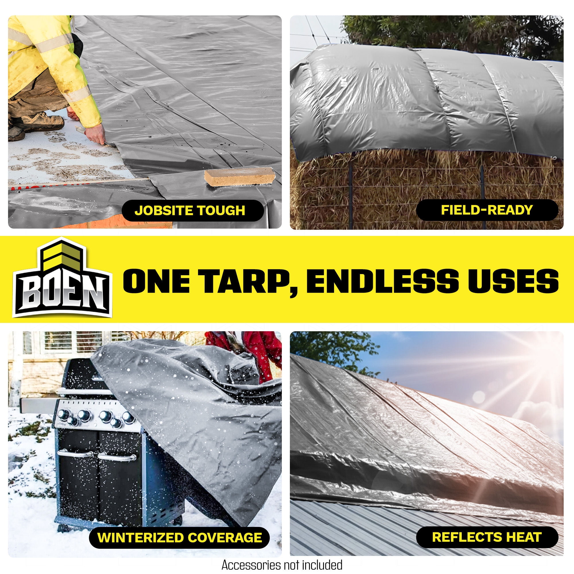 BOEN 30 x 50 ft 20 Mil Waterproof Tarp, Extreme Heavy Duty Silver/Black Cover