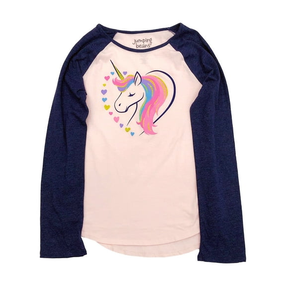 Jumping Beans Girls Long Pink & Navy Sparkle Heart Unicorn T-Shirt Tee Shirt 12