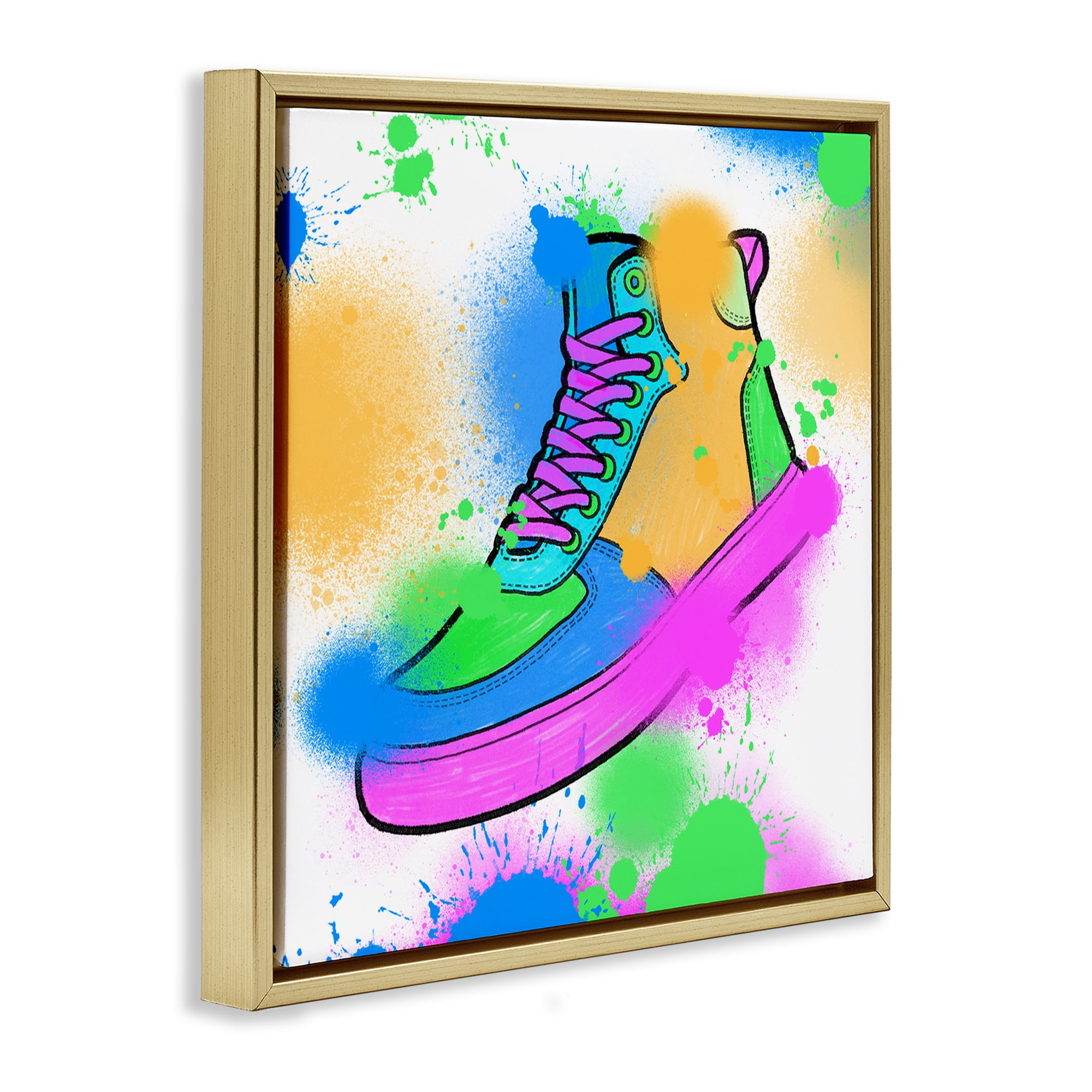 Stupell Industries Splattered Cool Sneakers Entertainment Painting Gold Floater Framed Canvas Art Print Wall Art, 18 x 18