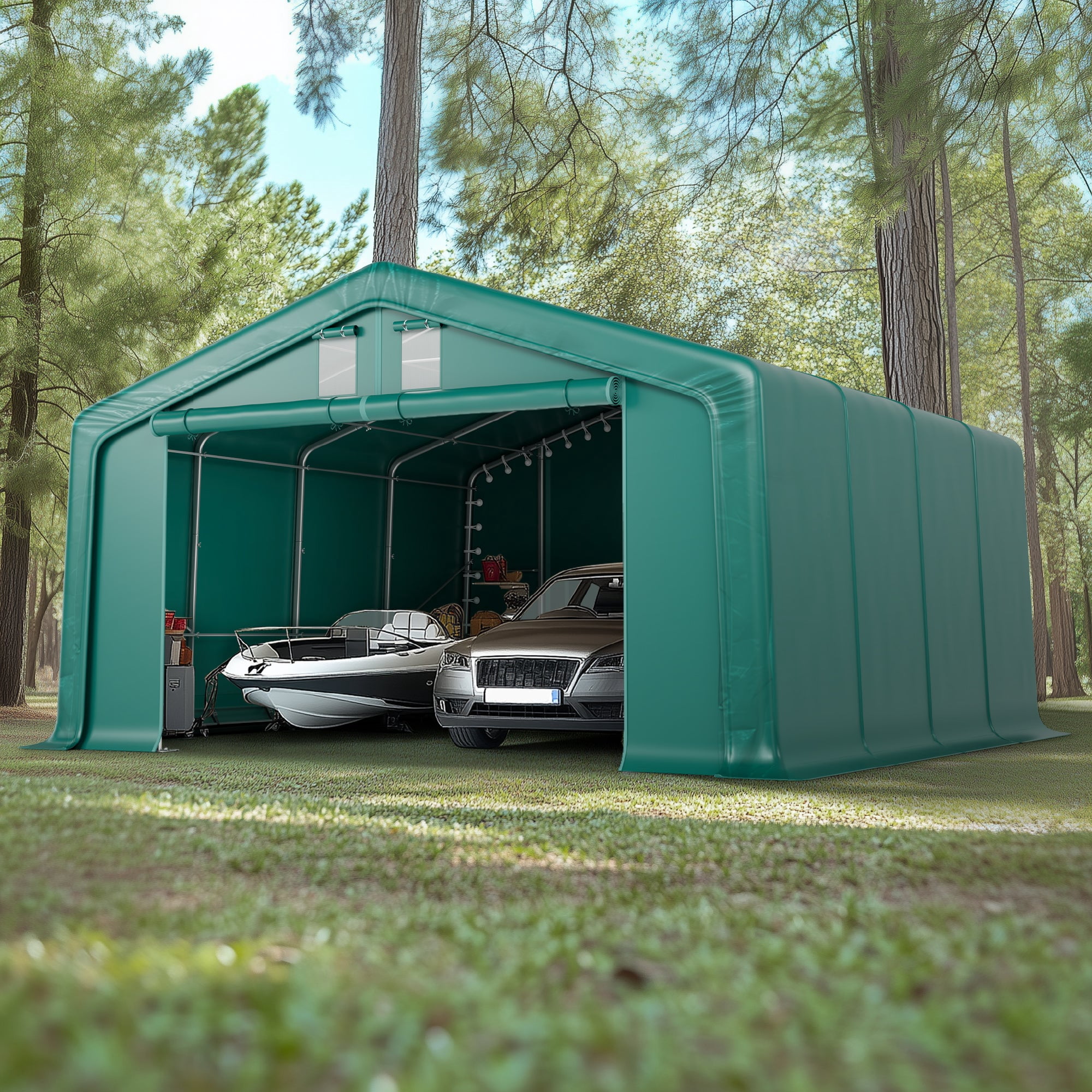 20 x 20 x 11.8 FT Outdoor Green Portable Carport with All-Weather Canopy, Multiple Use Outdoor Storage Shelter Shed
