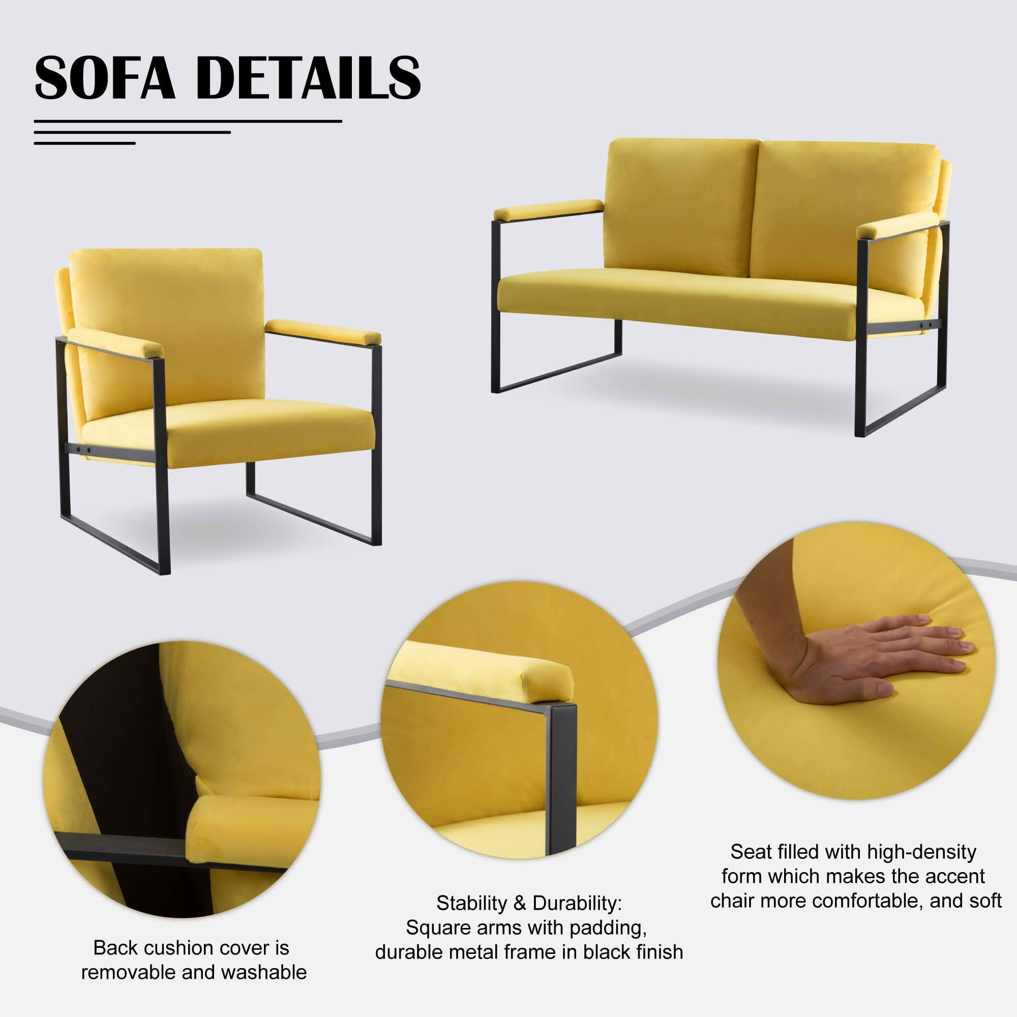 MAYEERTY 26.8 Inch +49.2 Inch 2 Pieces Accent Armchair - Padded Square Arms, Sturdy Metal Frame, Compressed Cushions，