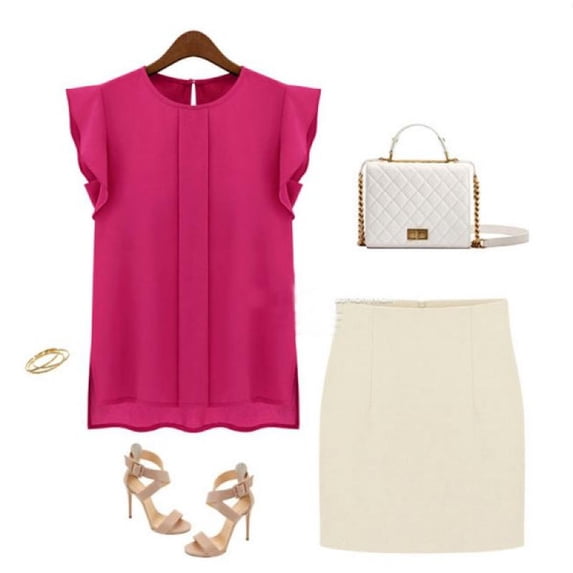 Forzero Women Candy Color Chiffon Round Collar Short Ruffle Sleeve Loose Shirt Blouse Tops
