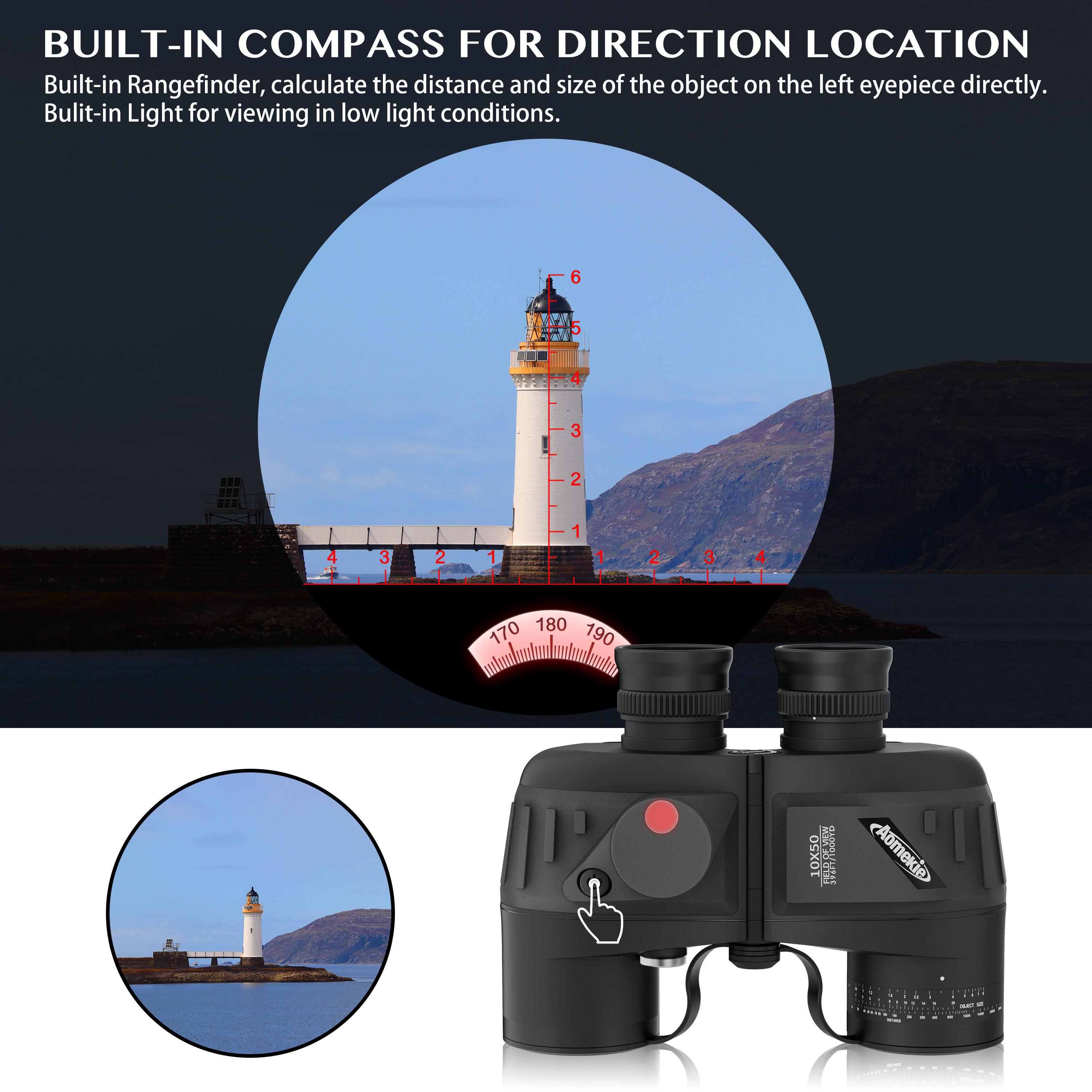 10x50 Binoculars HD High Power Binoculars FMC Lens for Adults Marine Military with Rangefinder Compass BAK4 Prism