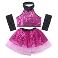 thumbnail image 4 of YONGHS Kids Girls Jazz Waltz Modern Dance Costume Outfit Sequins Crop Top Mesh Tutu Dress Arm Sleeves Set, 4 of 7