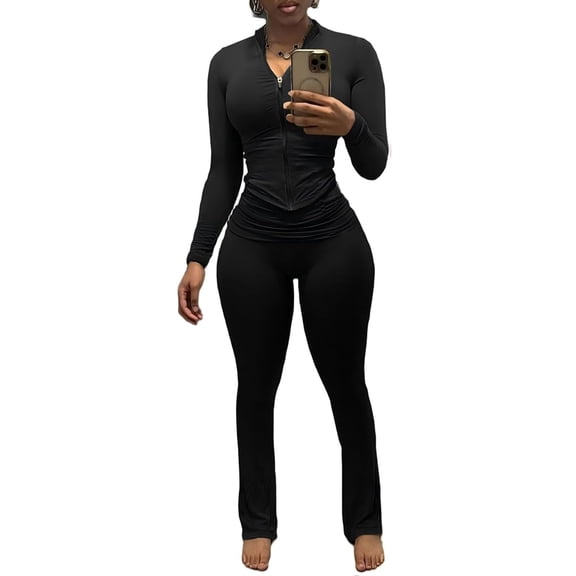 Two Piece Outfits For Women Workout Set Long Sleeve Tracksuit Zip Up Sweatsuits Black M