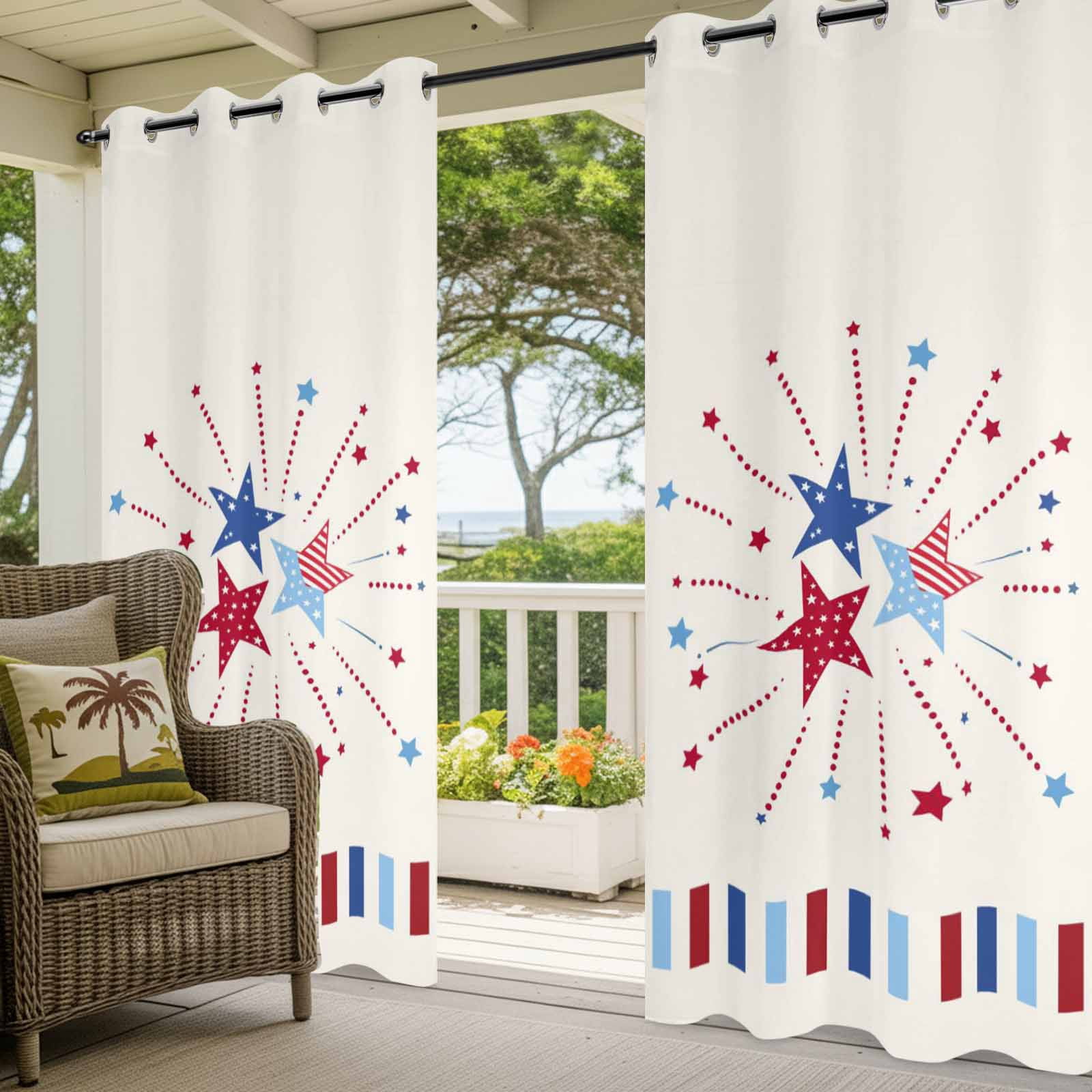 Independence Day Stars Outdoor Curtains for Patio, Modern Abstract Red Blue Stripes Stars Linen Texture Sunshade Privacy Drapes Grommet Waterproof Outside Curtains for Porch Balcony 54"x84", 1 Panel