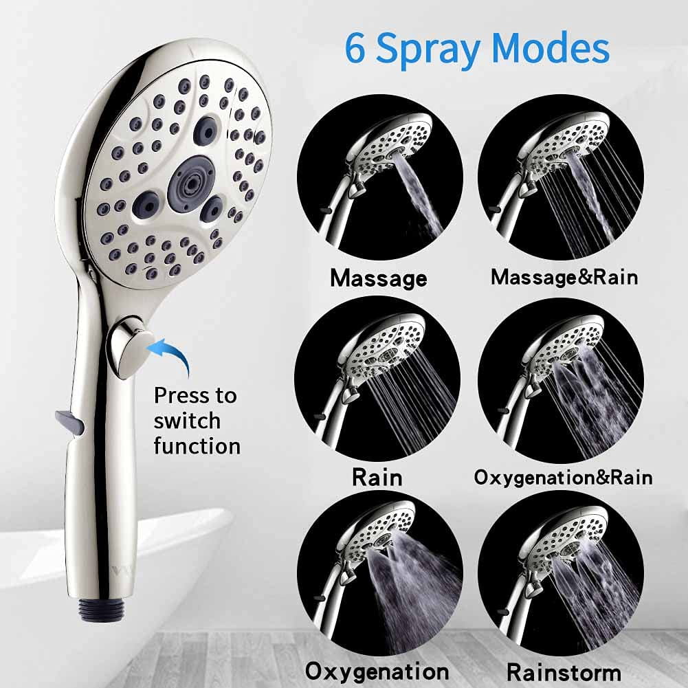 VXV Bathroom Handheld Shower Head with on off Switch, 6 Spray Setting Removable High Pressure Showerheads with 6 FT Stainless steel Hose and Adjustable Angle Bracket(Brushed Nickel)