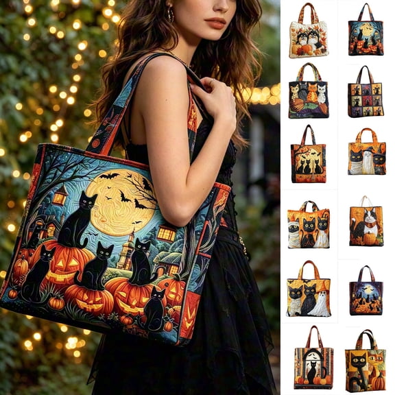 Halloween Quilted Tote Bag,Halloween Cat Quilted Tote Bag Reusable Shopping Tote Large Capacity Trick or Treat Bag Fall Cat Lover Gift for Women Daily Commute Shoulder Strap Handbag