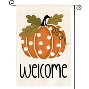 Sm:)e Welcome Polka Dot Pumpkin Fall Garden Flag 12 x 18 Inch, Double-Sided Printing, Seasonal Farmhouse Yard Outdoor Decor