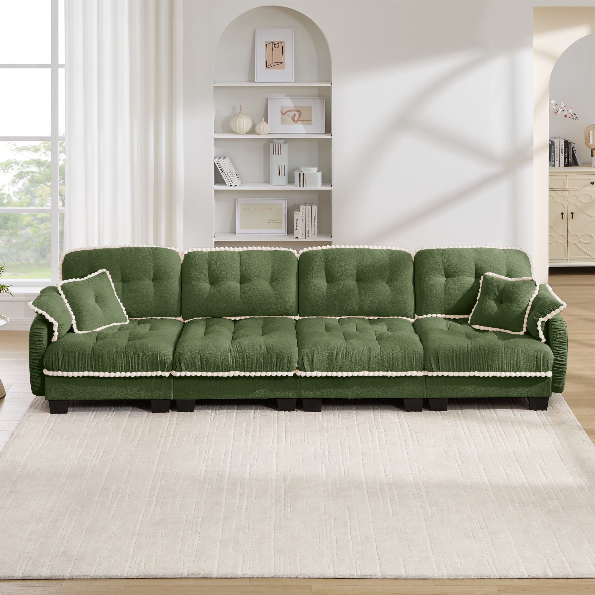 Anpport 131" Chenille Cloud 4‑Seater Sofa with 4 Pillows, Pom‑Pom Trim, Quilted Tufted Ergonomic, Easy Assembly Deep Seat for Living Room Apartment, Green