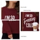 thumbnail image 5 of Camisetas de mujer con cuello redondo y manga larga con estampado de letras, Top holgado informal para uso diario, Color rojo vino, palabras blancas S, 5 of 6