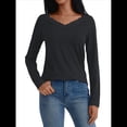 thumbnail image 2 of Camisetas con Cuello en V para Mujer, Blusas de Encaje de Larga, Holgadas, Elegantes e Informales, para Otoño e Invierno, A . Negro M, 2 of 8