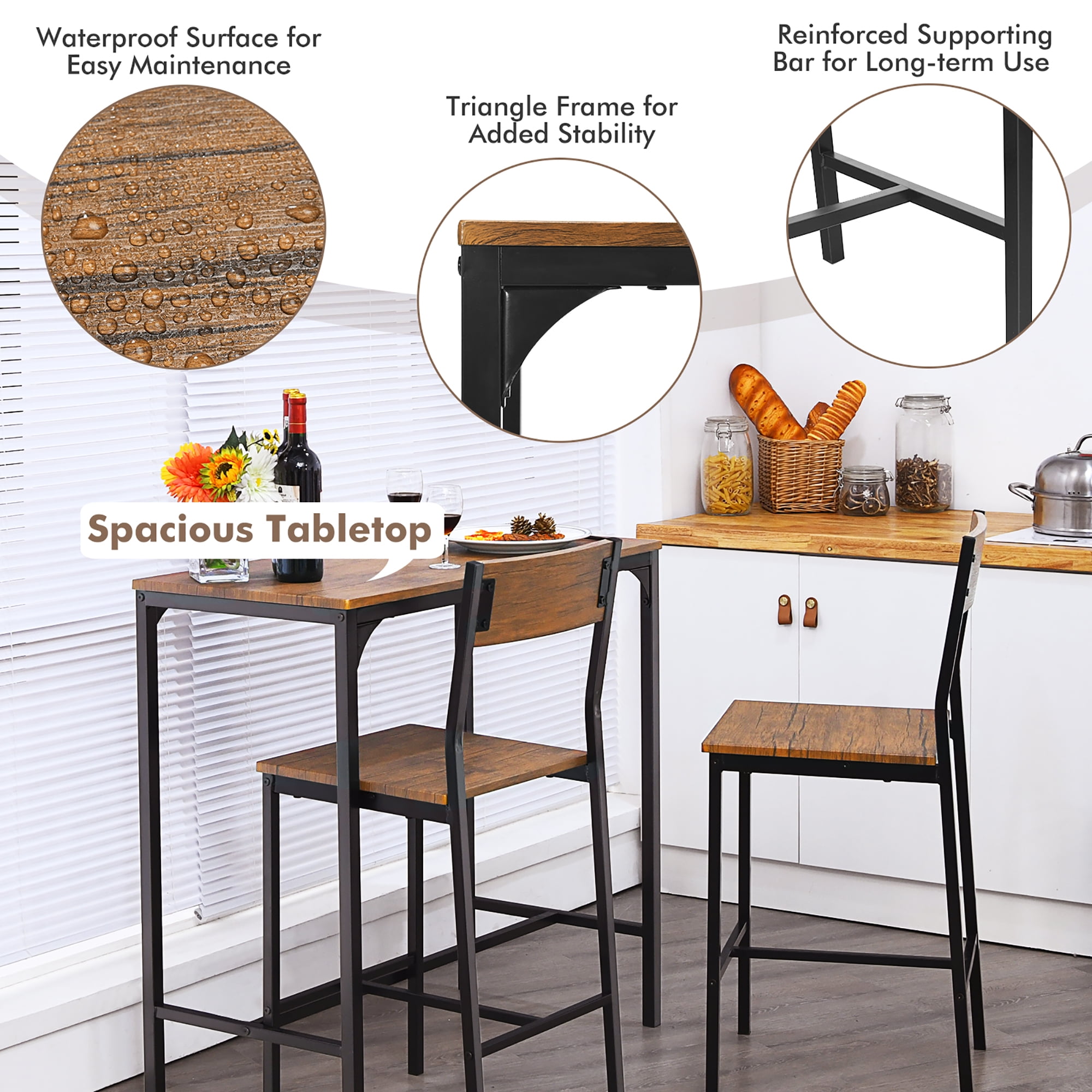Costway 3PCS Bar Table Set Industrial Counter Height Dining Table