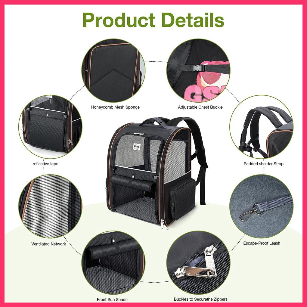 Lekesky - Expandable Cat Dog Backpack Carrier for Travel - Max Airflow, 4 Entrances, Folds Flat, Holds Pets Up to 18 Lbs, Safety Leash Included, Black