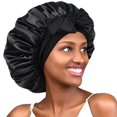 thumbnail image 1 of Black silk satin bonnet for sleeping double layer satin lined hair bonnet, 1 of 5