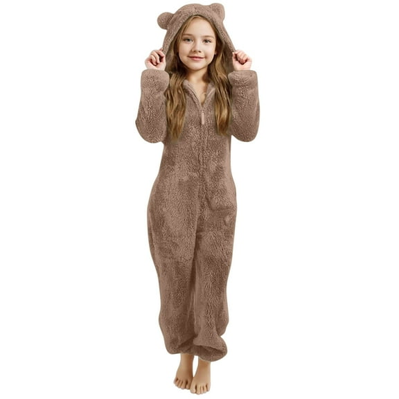 Ruyang Fleece Onesie for Girls Cute Fuzzy Bear Hooded Jumpsuit Kids Fall Winter Warm Plain Zip Up Furry Sherpa Outfits