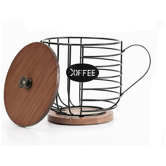 Rustic Coffee Pod Holder - K Cup Storage with Wooden Lid Round Basket Decor for Kitchen Countertop Pods