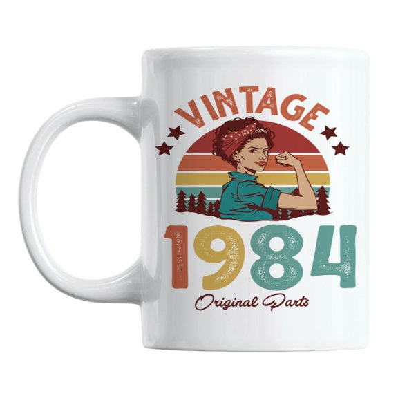 Vintage 1984 feat. a Strong Woman & Retro Sunset Ceramic Coffee & Tea Mug (11oz)