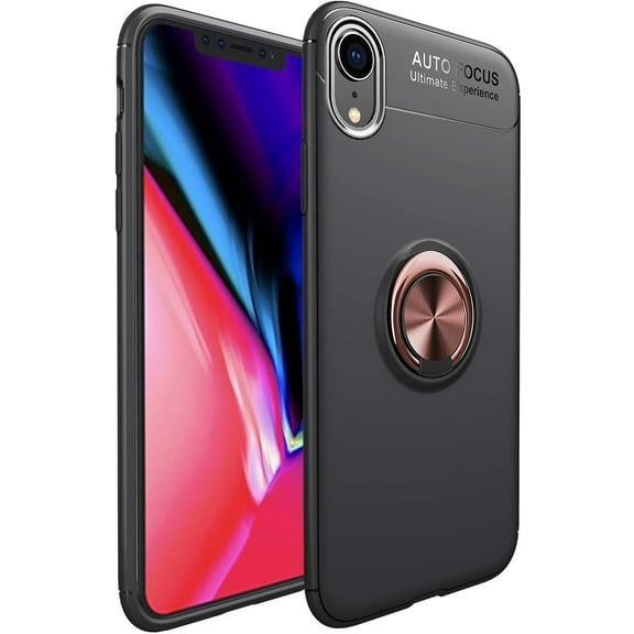 iPhone XR Case,360 Degree Rotation Invisible Metal Ring Kickstand Protective Case Compatible Magnetic Car Mount Soft TPU Shockproof Anti-Scratch Ultra-Slim Cover,Black Rose Gold