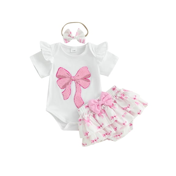 BemeyourBBs Newborn Baby Girls Summer Clothes Short Sleeve Bow Embroidery Romper Ruffle Shorts Set Headband Infant Baby Girl Summer Outfits