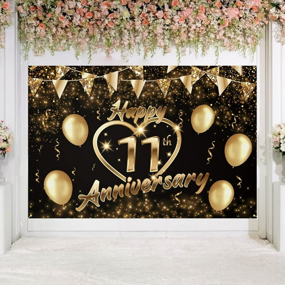 Happy 11th Anniversary Backdrop Banner Decor Black Gold Love Heart Happy 11 Years Wedding Anniversary Party Theme Decorations for Women Men Supplies