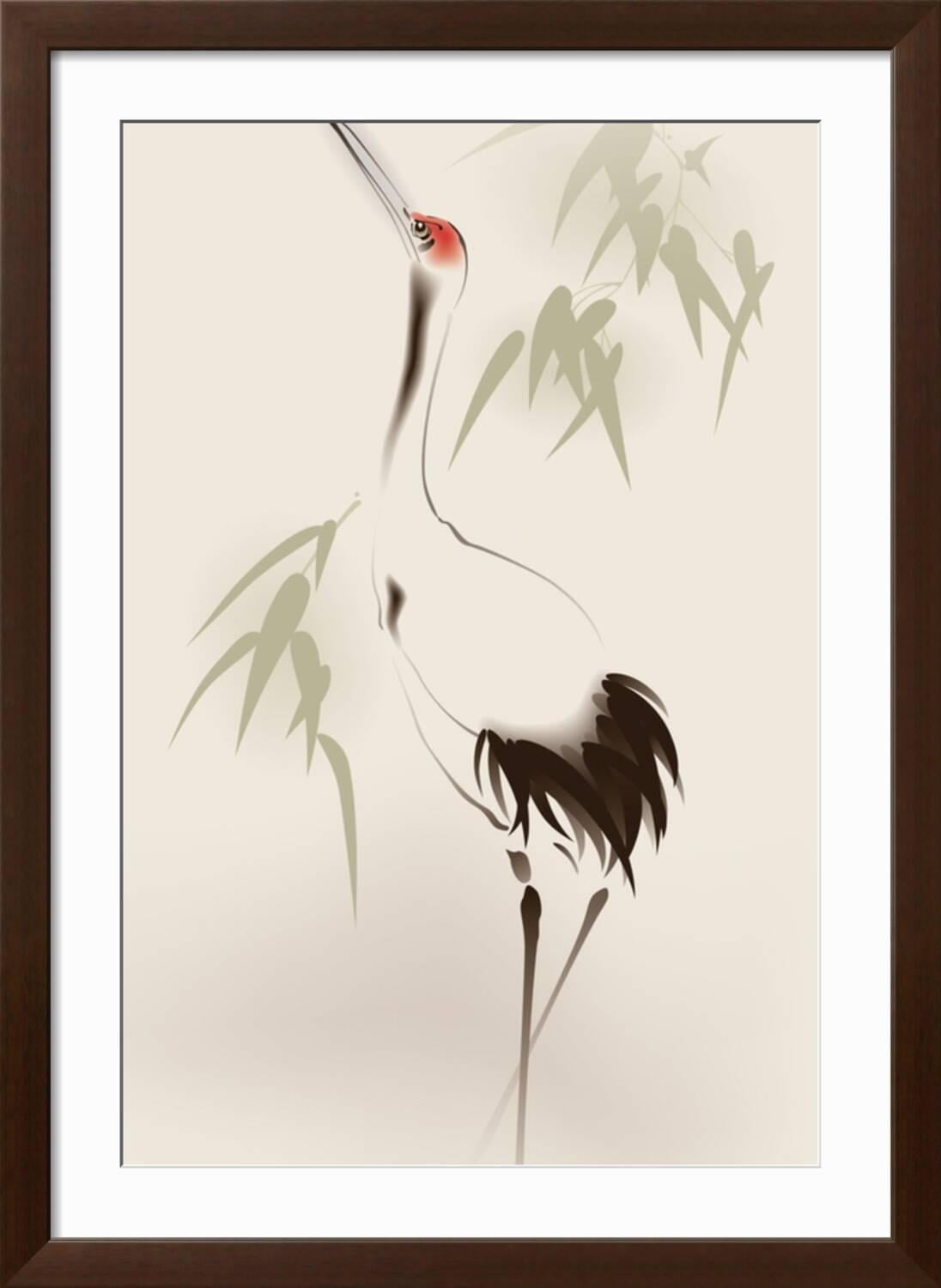 Art.com Oriental Style Painting, Red-Crowned Crane Art Print by ori-artiste, Brown Frame Wall Art, 32" x 44"