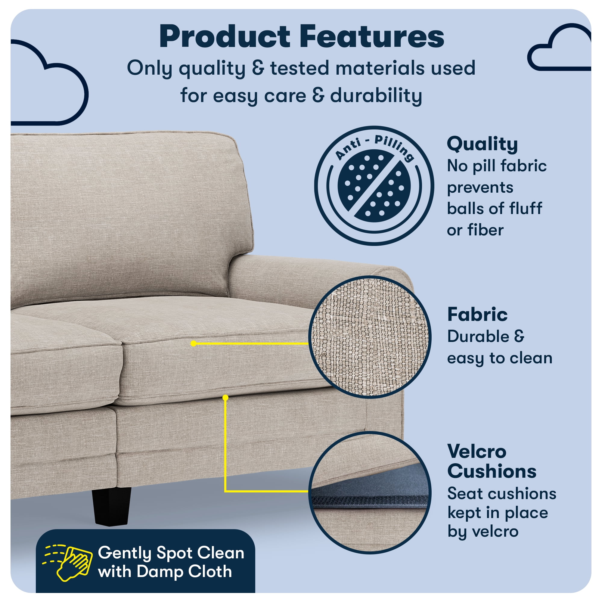 Serta Copenhagen 73" Rolled Arm Sofa, Easy Care Polyester, Loveseat or Couch for Small Spaces, Light Gray