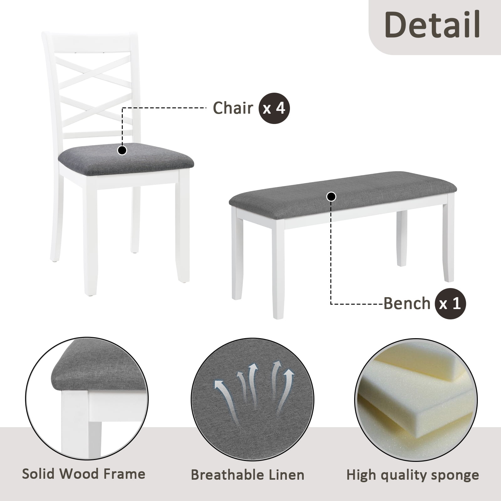 6-Piece Dining Table Set for 6, 58.5" Rectangular Dining Table with 4 Upholstered Chairs and Bench