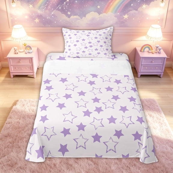 meiyoeat Cartoon Stars Twin Sheets for Kids Girls, Dreamy Galaxy Bedding for Bedroom, Purple White, 3pcs