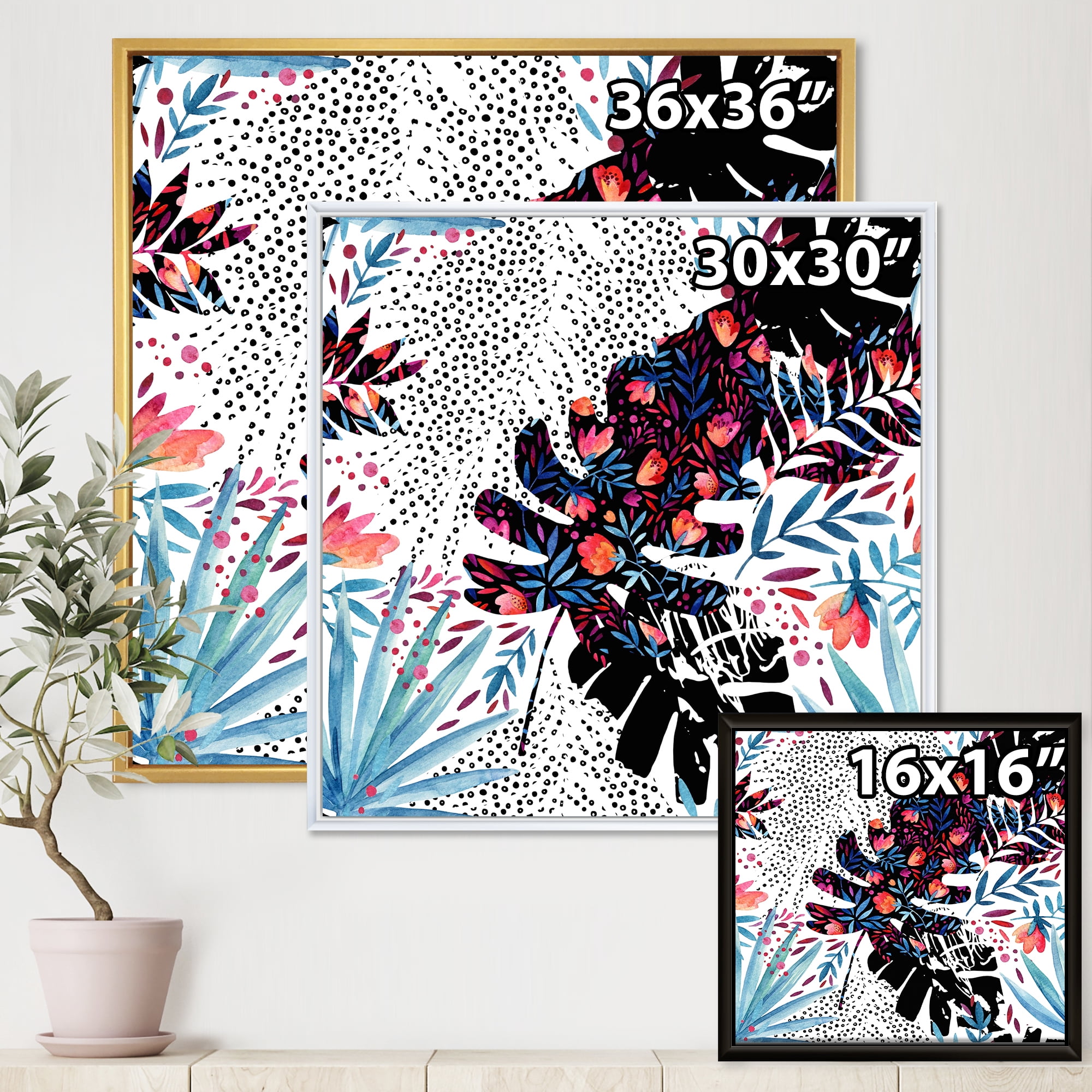 Abstract Tropical Floral Patchwork I 30 in x 30 in Framed Painting Canvas Art Print, by Designart