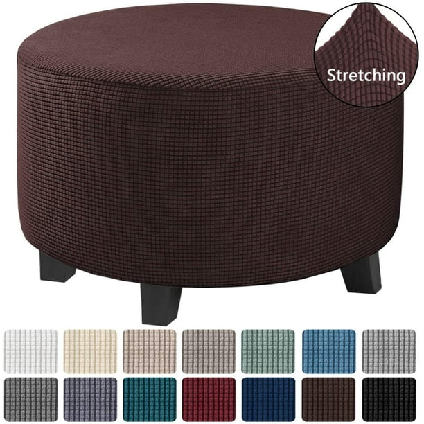 Round Ottoman Slipcover Footstool Protector Covers Storage Stool Stretch With Elastic Bottom Feature Textured Checked Jacquard Fabric Machine Washable X Large Brown Com Round Ottoman Slipcover Footstool, Large Round Ottoman Slipcover