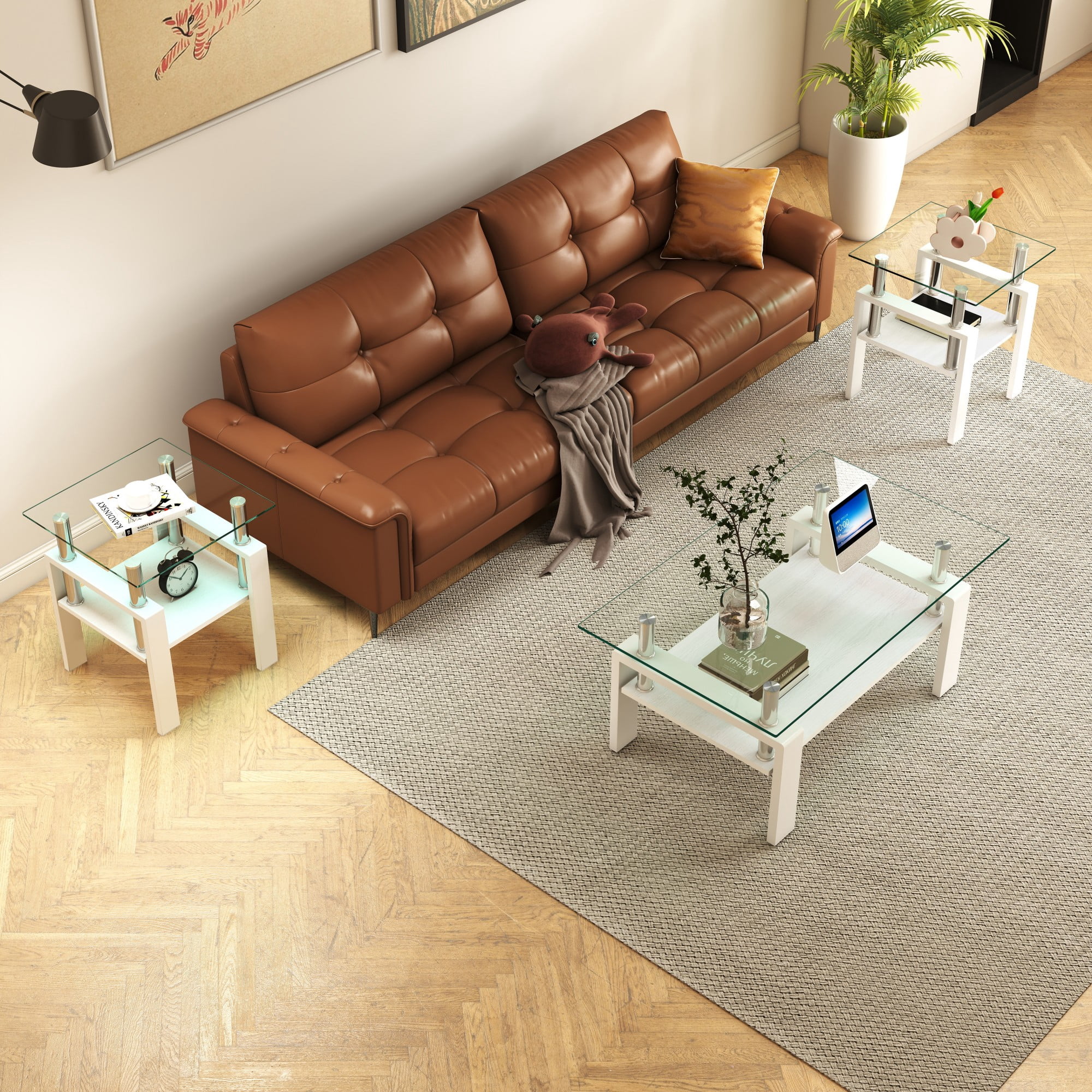 Euroco Set of 2 Modern Tempered Glass Tea Table,Tempered Glass Tabletop with MDF Layer,Coffee Table,End Table, Square Table for Living Room, Transparent/white