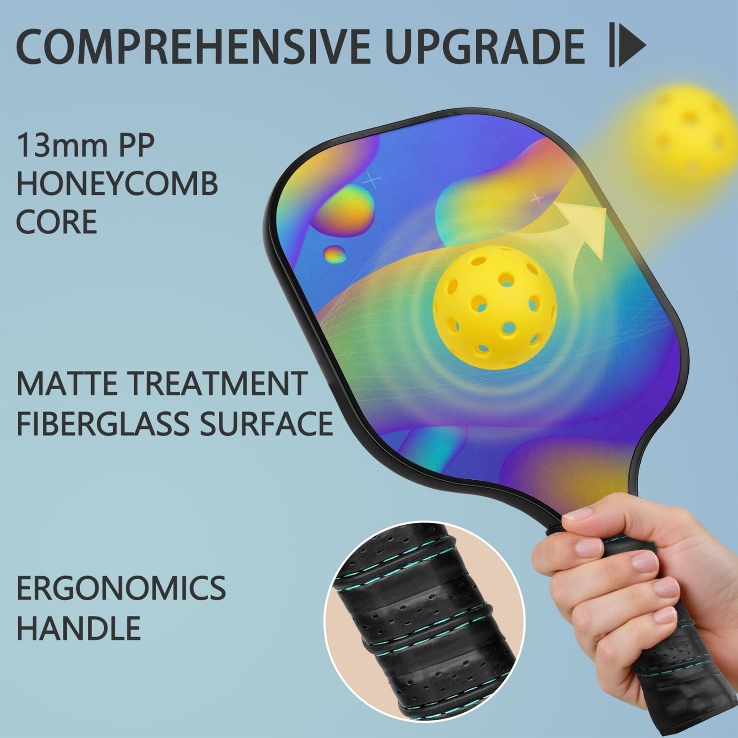 Pickleball Paddles Set Of 2, Fiberglass Surface, Neon Fluid Print, 4 Balls & Bag