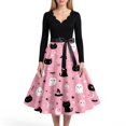 thumbnail image 4 of Women's Halloween Dress Candy Pumpkin Long Sleeve 1950s Cocktail Cute Dress V Neck Hepburn Vintage Classic Tea Length Dress with Belt L, 4 of 5