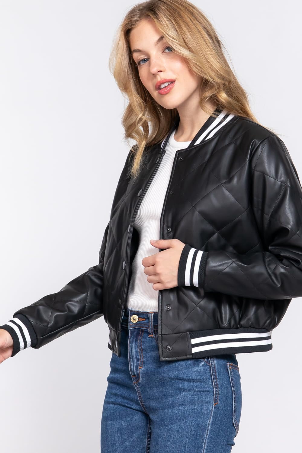 J. METHOD Women's Bomber Jacket PU Faux Leather Quilted Long Sleeve Button Down Casual Coat Outerwear