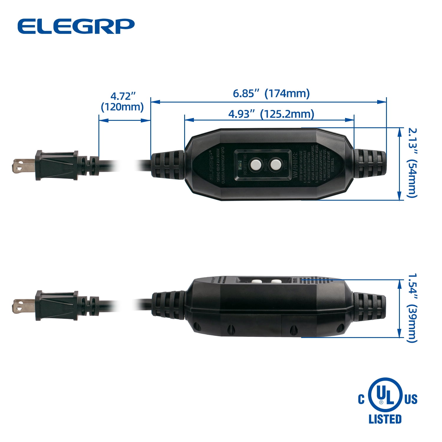ELEGRP G1215CM2 G20CMR Patented Auto-Monitoring GFCI Replacement Plug Inline Assembly, Manual Reset 15 Amp Non-Grounded 2 Wires 2-Prongs for Power Tools, Lawn Equipment etc, UL Listed, 1 Pack, Black