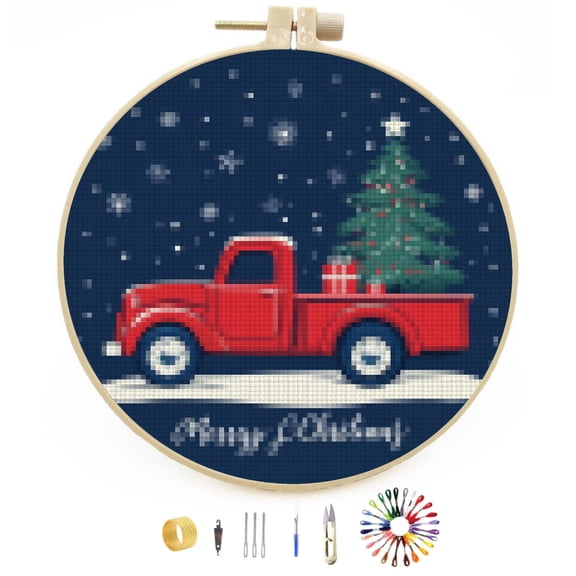 Merry Christmas Red Truck and Tree DIY Stamped Cross Stitch Kits Easy for Beginners with Hoop 11CT Counted Embroidery Needlepoint Crafts Arts for Handmade Enthusiasts and Home Decor 30x30cm(12)