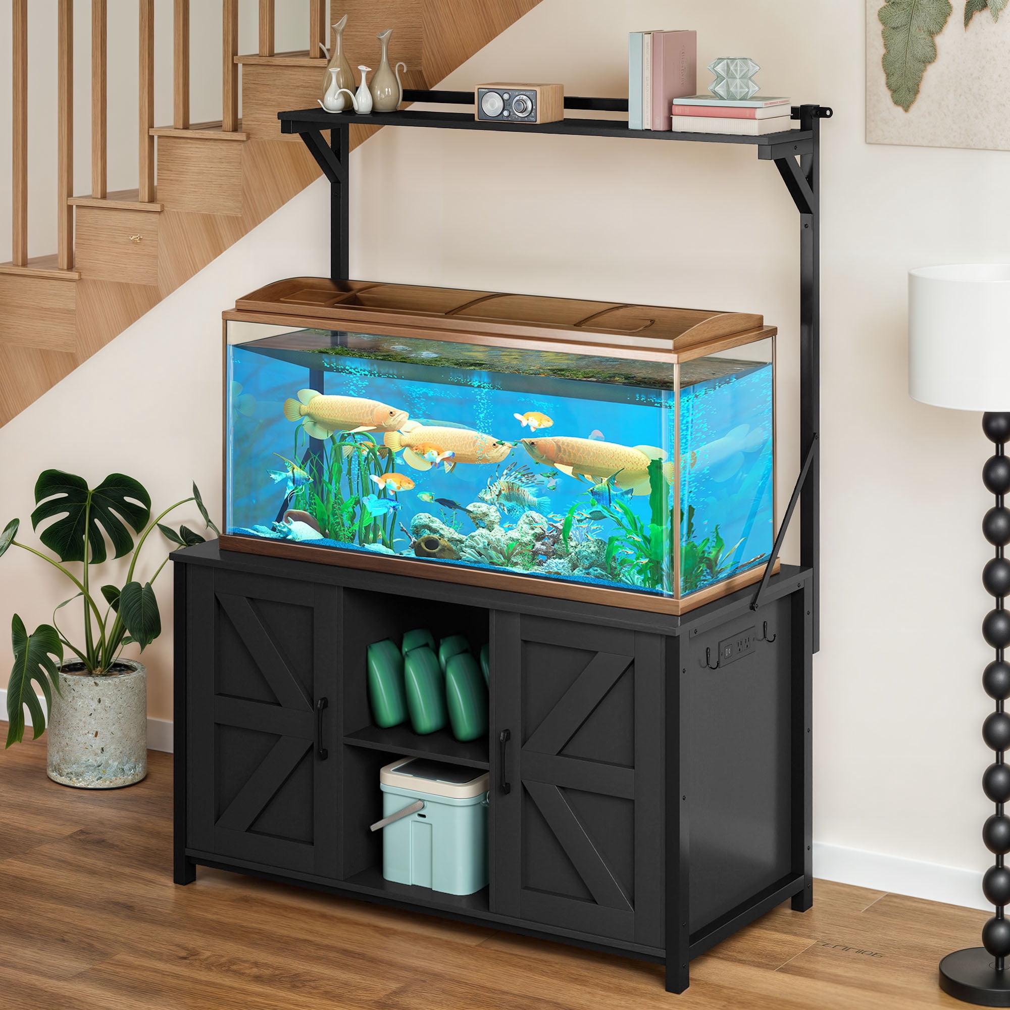 Uforic 120 Gal Fish Tank Stand w Shelf and Cabinet, 1100 Lbs Capacity, Power Outlets, Metal, Black