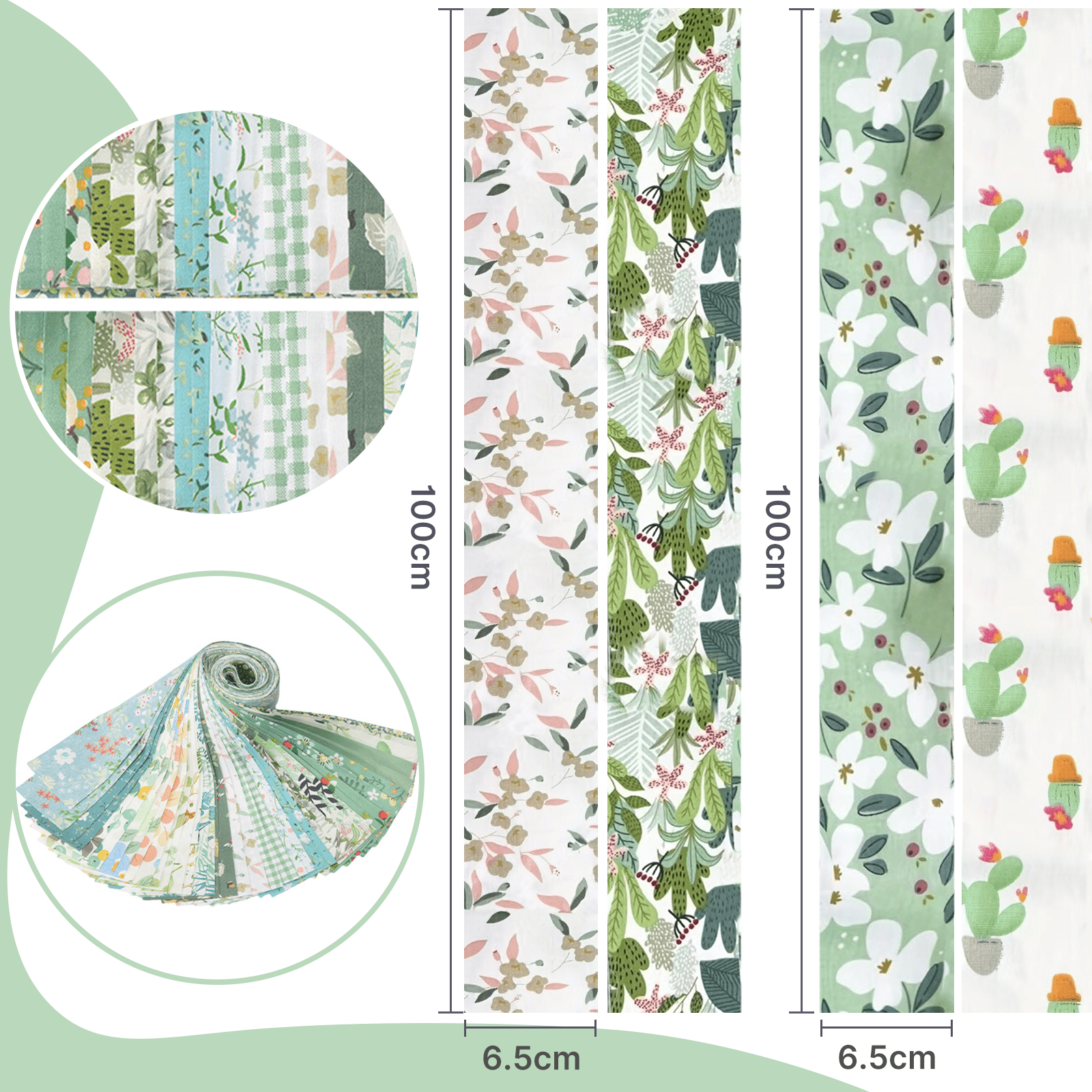 40 Pcs Jelly Roll Fabric Strips for Quilting Fabric, Sewing Supplies & DIY Crafts-2.6 Inch Precut Cotton Fabric Bundles, Perfect for Quilt Projects,Floral Patchwork Leaf Green