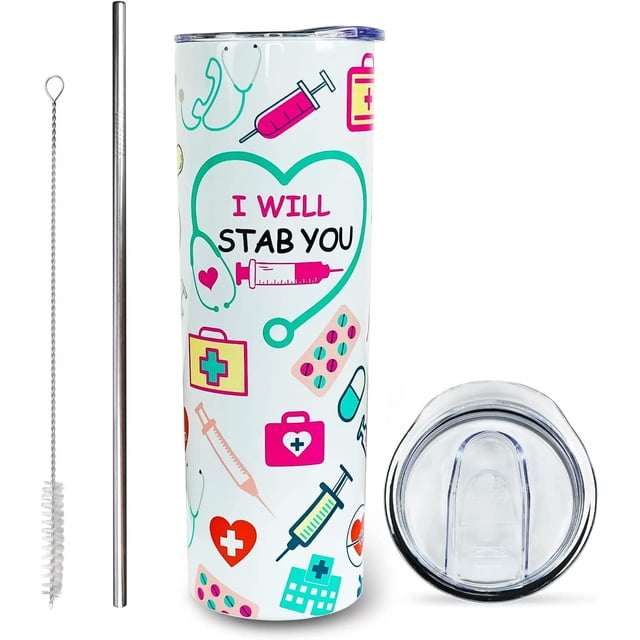 Regalos de enfermera para mujeres - Vaso de enfermera, taza de café de enfermera con tapa y pajita - Botella de agua térmica de acero inoxidable de 593 ml - Regalos para enfermeras practicantes,