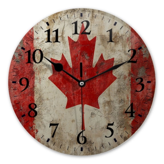 10 Inch Wall Clock Battery Operated Round Clock for Office, Kitchen, Outdoor, Living Room, Canadian Flag Painted On Wall With Red Maple Leaf