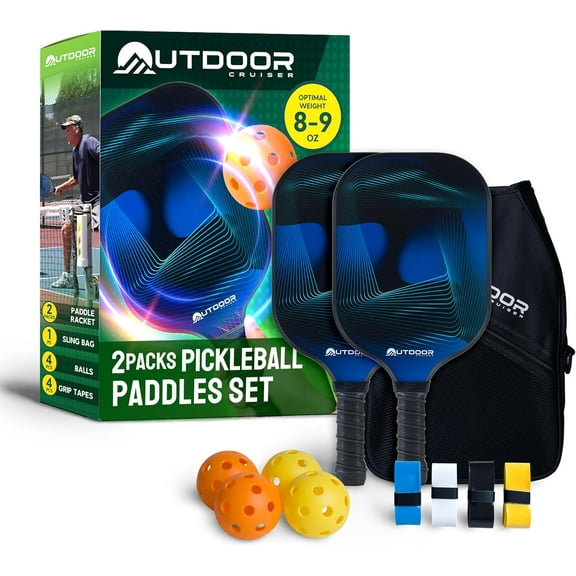 Outdoor Cruiser Pickleball Paddle Set – USAPA Approved, Premium Fiberglass Paddles with Lightweight Shock-Absorbing Grip, Includes 2 Rackets, 4 Balls, Grip Tapes, and Sling Carry Bag