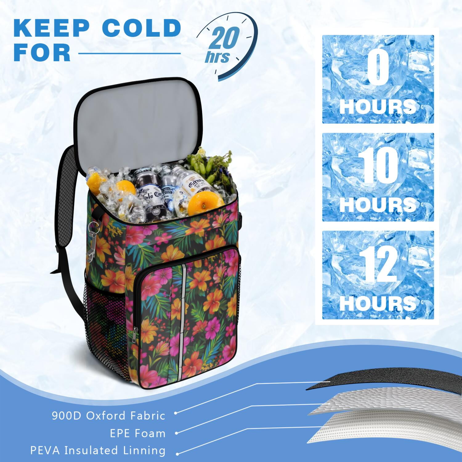 Travel Cooler Bag - Pioneer Flower Camping Beer Cooler Backpack with Bottle Opener- Waterproof Insulated Picnic Backpacks - Cooler Bag for Beach
