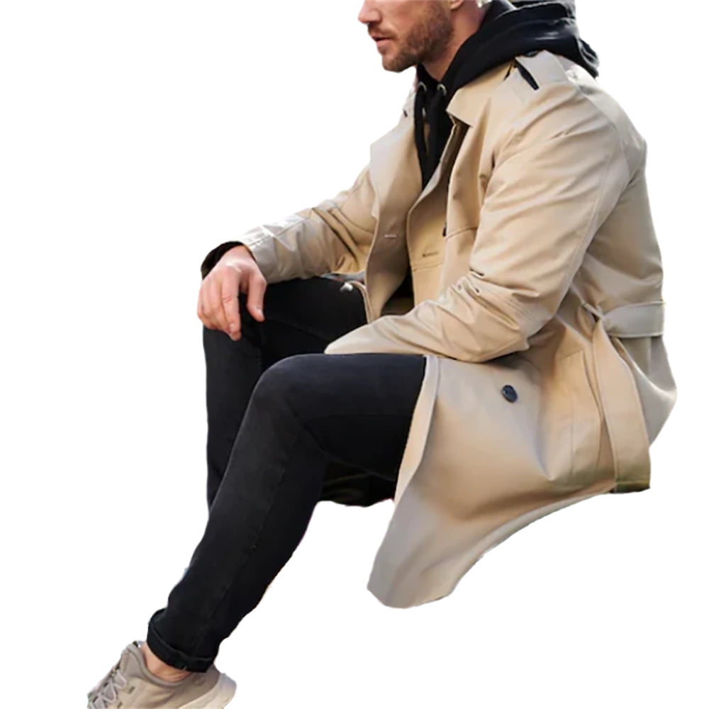 Men's Long Trench Coat Slim Lapel Double Breasted Belt Windbreaker Jacket Windproof Button Overcoat