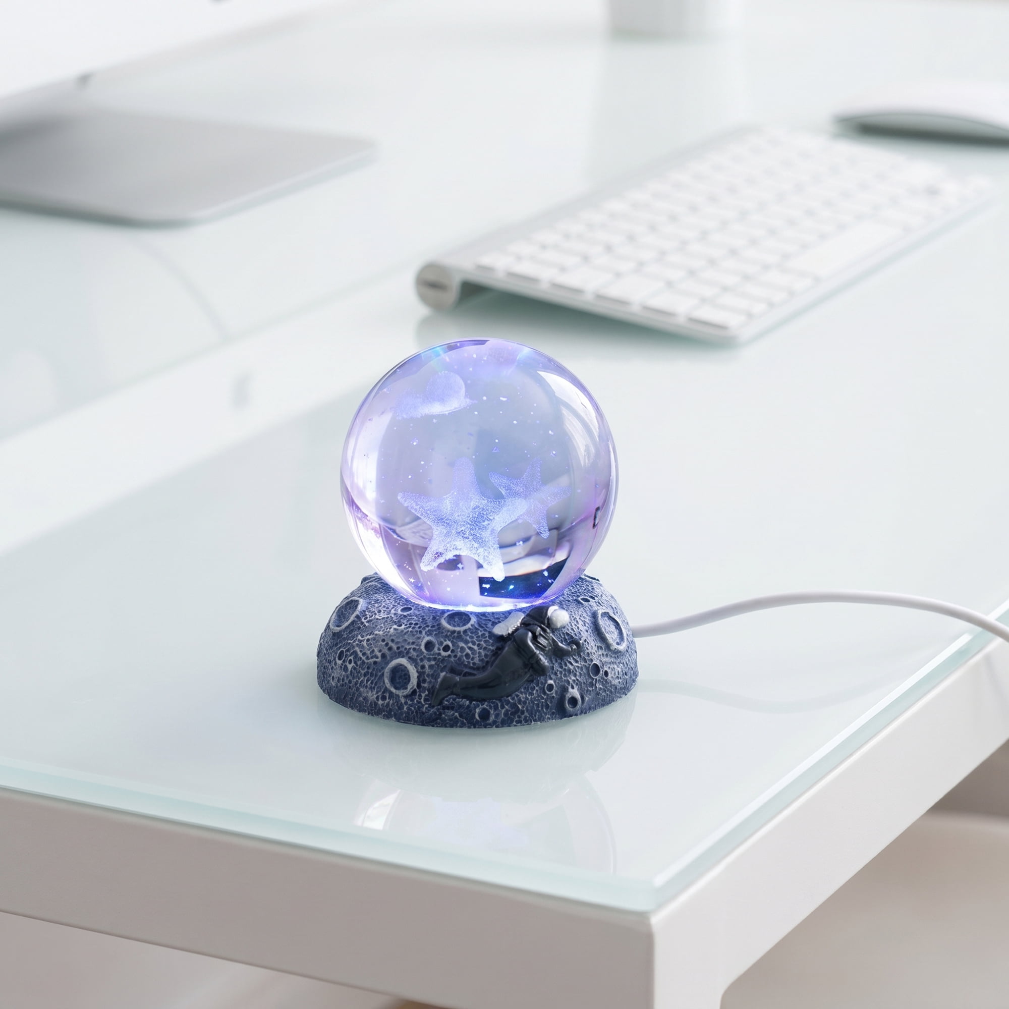 Unique Bargains Glowing Crystal Ball Figurine 3D Glass Ornament with LED Light Base Beige Style D 2.4"x2.4"x3.1"