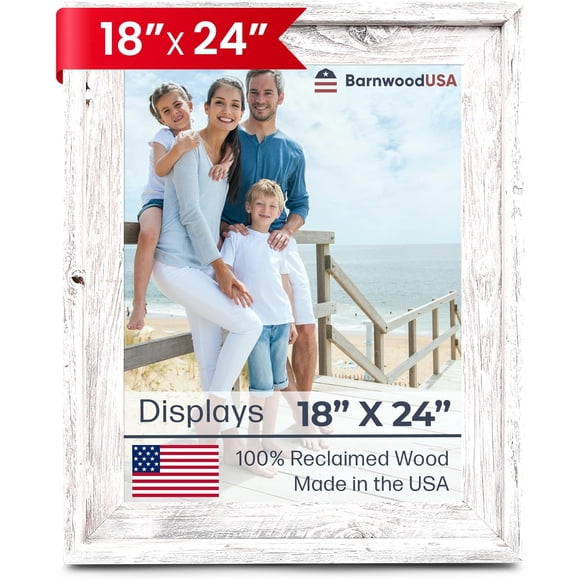 Farmhouse Style Rustic Picture Frame - Reclaimed Wood Photo Frame – Signature Wall Picture Frames for Living Room, Bedroom, Office Display - Wooden Frames for Décor Made in USA White Wash 18" x 24"