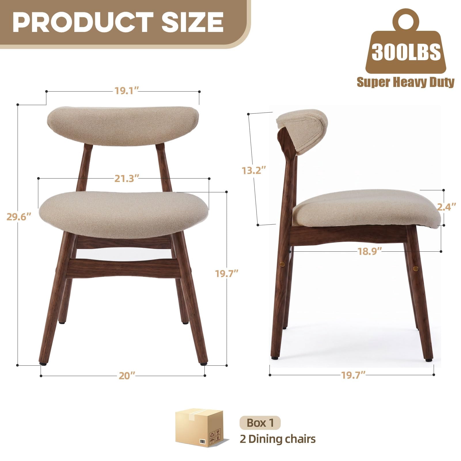Upholstered Dining Chairs Set of 2, Lumbar-Ergonomic Backrest Chairs with Adjustable Foot Pads