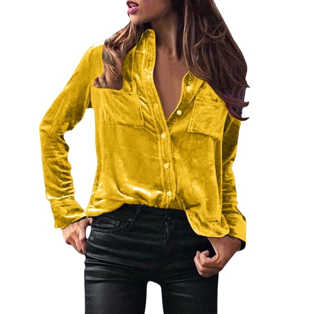 Blusa de terciopelo de manga larga informal de invierno para mujer: camisa elegante lisa con bolsillo con botón, diseño floral, abertura lateral, adecuada para fiestas y citas